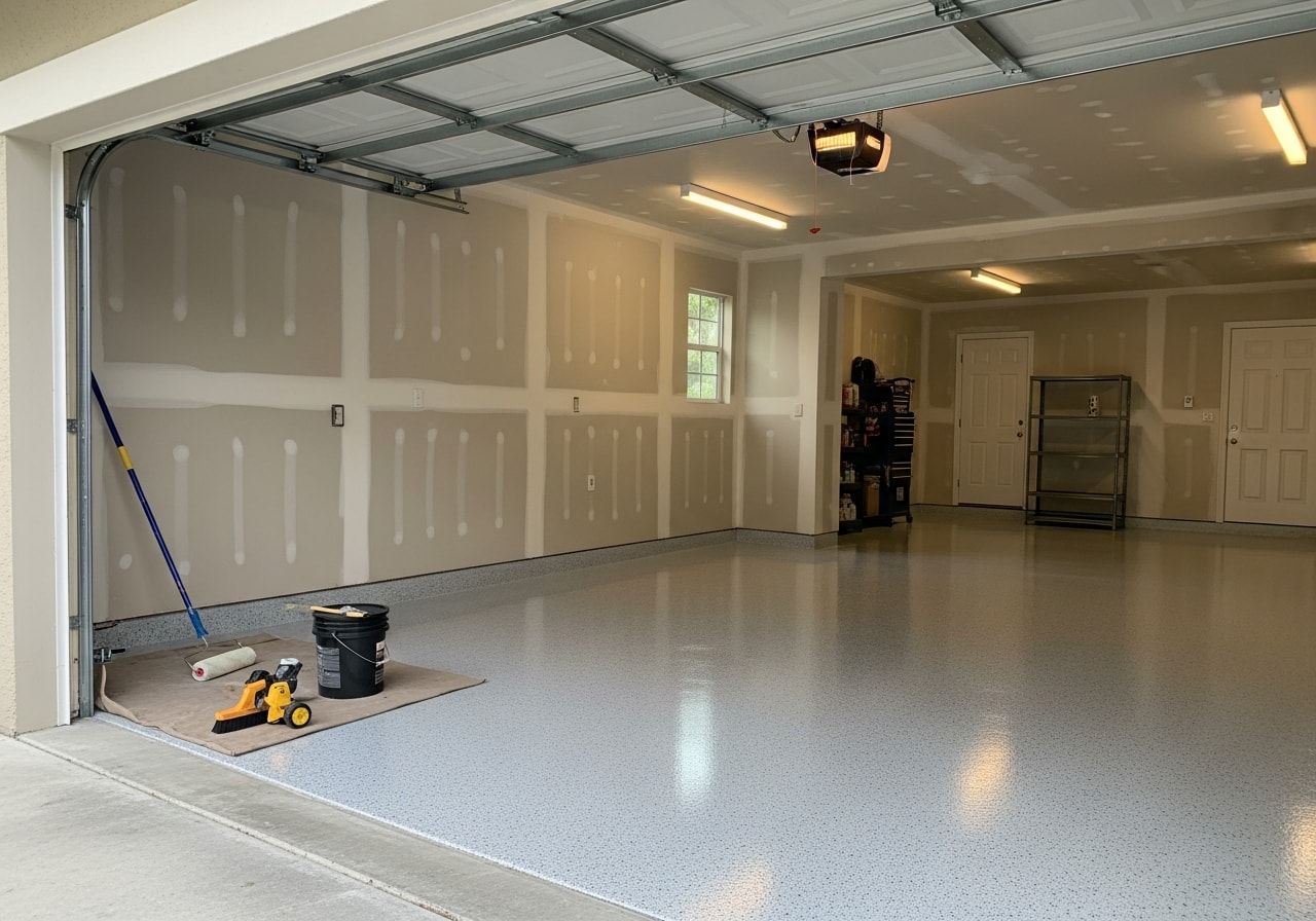 Garage with epoxy floor coating and painted walls, professional finish in Naples