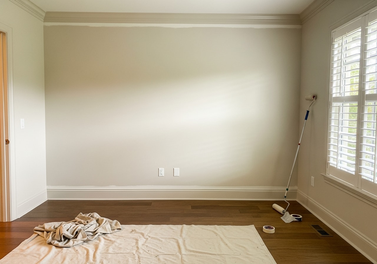 Master bedroom with fresh neutral interior paint, clean trim, and professional finish in Naples home