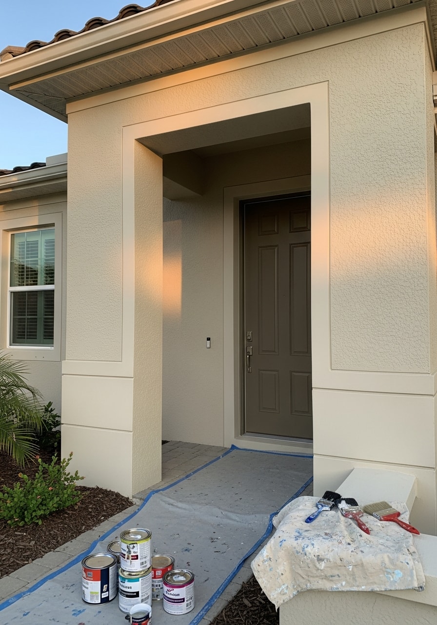 Ave Maria homeowner and service professional at a modern home entrance, showing our professional service for the community's contemporary properties.
