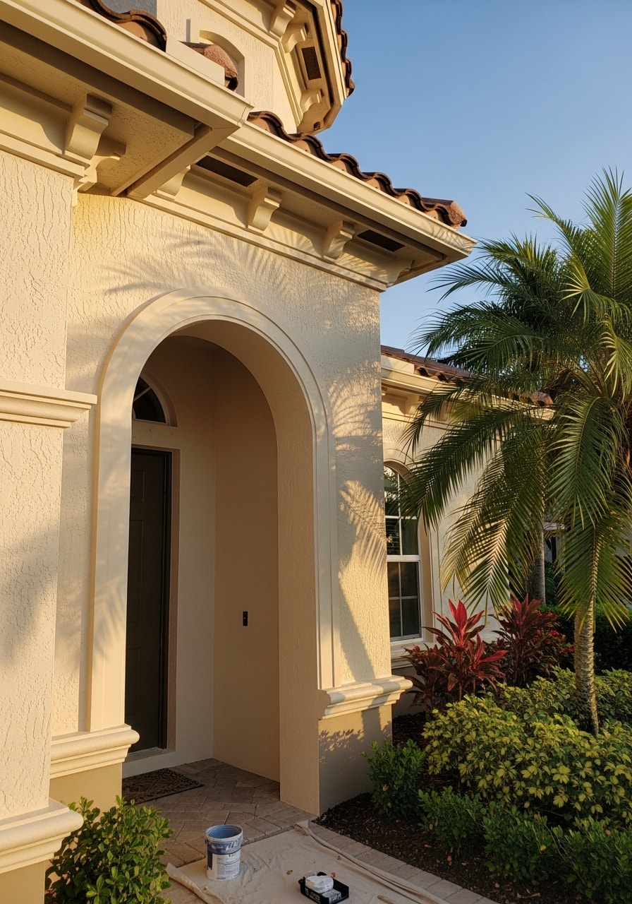 Lely Resort homeowner and service professional reviewing property details at a home entrance, showing our professional approach to community service.