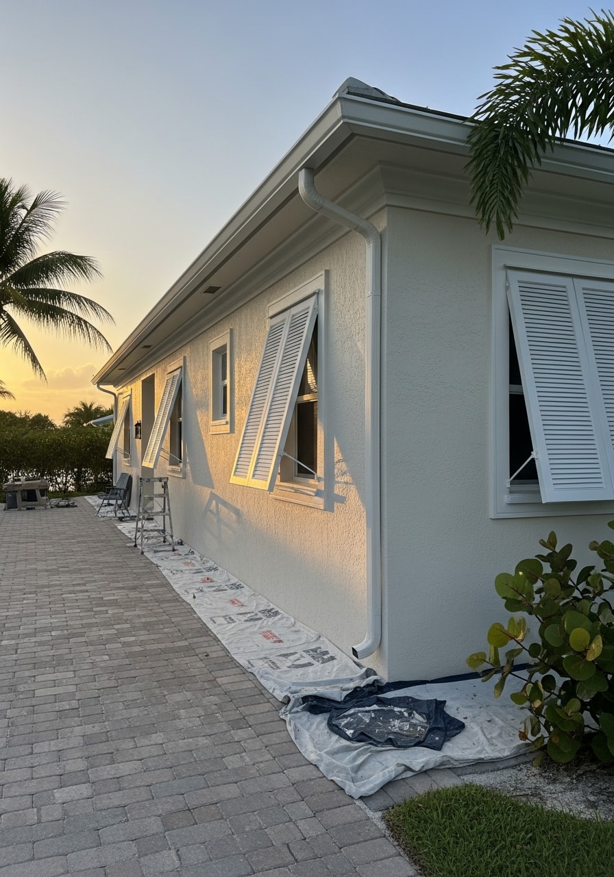 Marco Island property owner discussing home service details with a professional on their residence's exterior, showing our commitment to island clients.