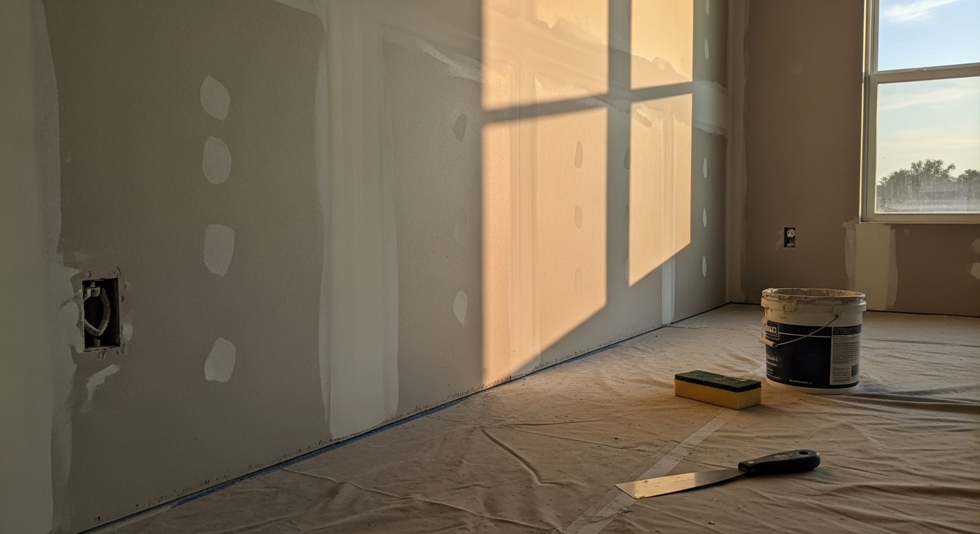 A freshly finished interior wall in a Naples, Florida home showing smooth, seam-free drywall ready for primer and paint. Close view of a taping and joint compound application along a wall seam in a residential room.