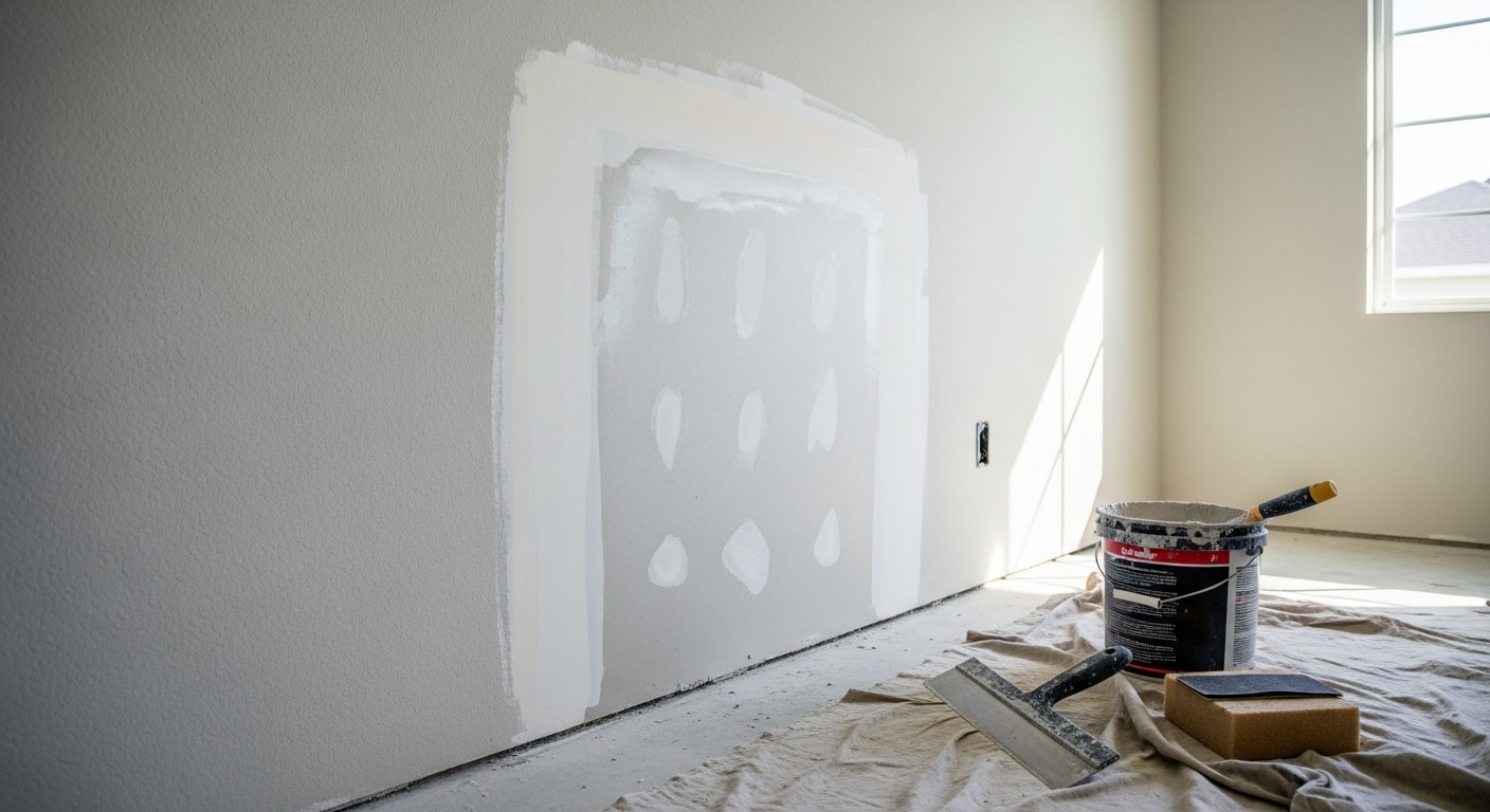 A freshly repaired interior wall in a Naples, Florida home showing a smooth, texture-matched patch blended into the surrounding drywall surface. The wall is primed and ready for paint after professional drywall repair work.