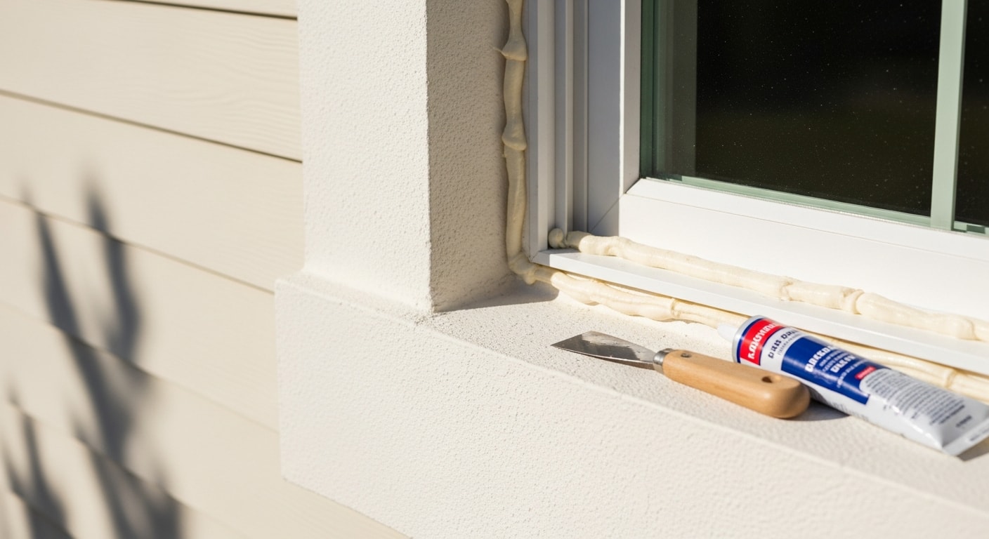 A Naples, Florida home exterior showing freshly painted trim, sealed window caulking, and repaired wood fascia under a clear Gulf Coast sky. A handyman from Four Seasons Painting Services completes a maintenance inspection on the front of the property.