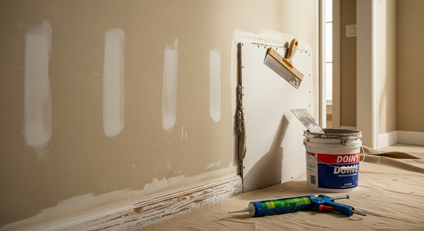 A repaired and freshly painted interior wall in a Naples, Florida home, showing smooth drywall patching and clean trim work. Close-up view of completed minor repair work on a coastal residential property interior.