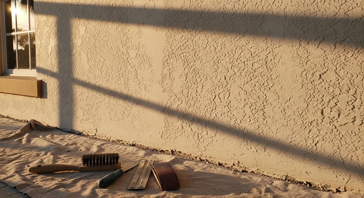 A Naples, Florida home exterior showing a stucco wall after professional surface preparation, with a clean, patched, and primed surface ready for painting. The prepared wall is free of mildew, chalking, and cracks common on Gulf Coast properties.