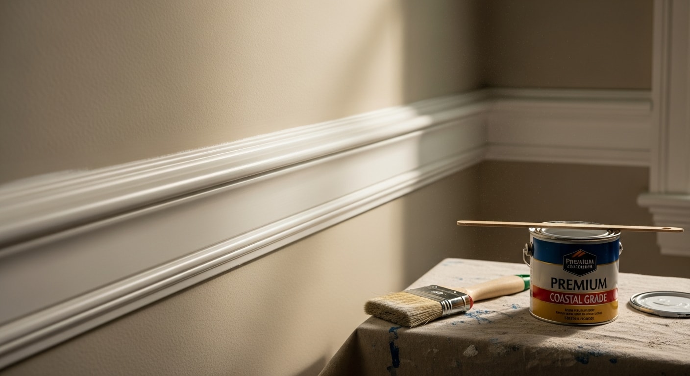 Freshly painted white crown molding and baseboards in a Naples, Florida home interior, with clean caulked joints and a semi-gloss finish against neutral-toned walls. Close-up view shows sharp trim lines along a door casing in a coastal-style living room.