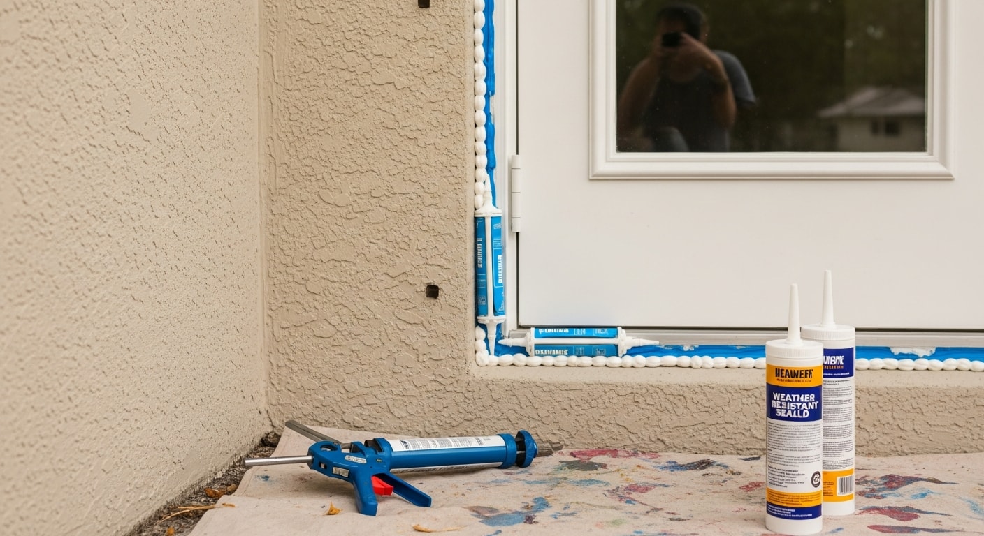 A handyman applying weatherproof caulk sealant around an exterior window frame on a Naples, Florida home. Close-up view shows fresh sealant being applied to a gap between the window trim and stucco wall surface.